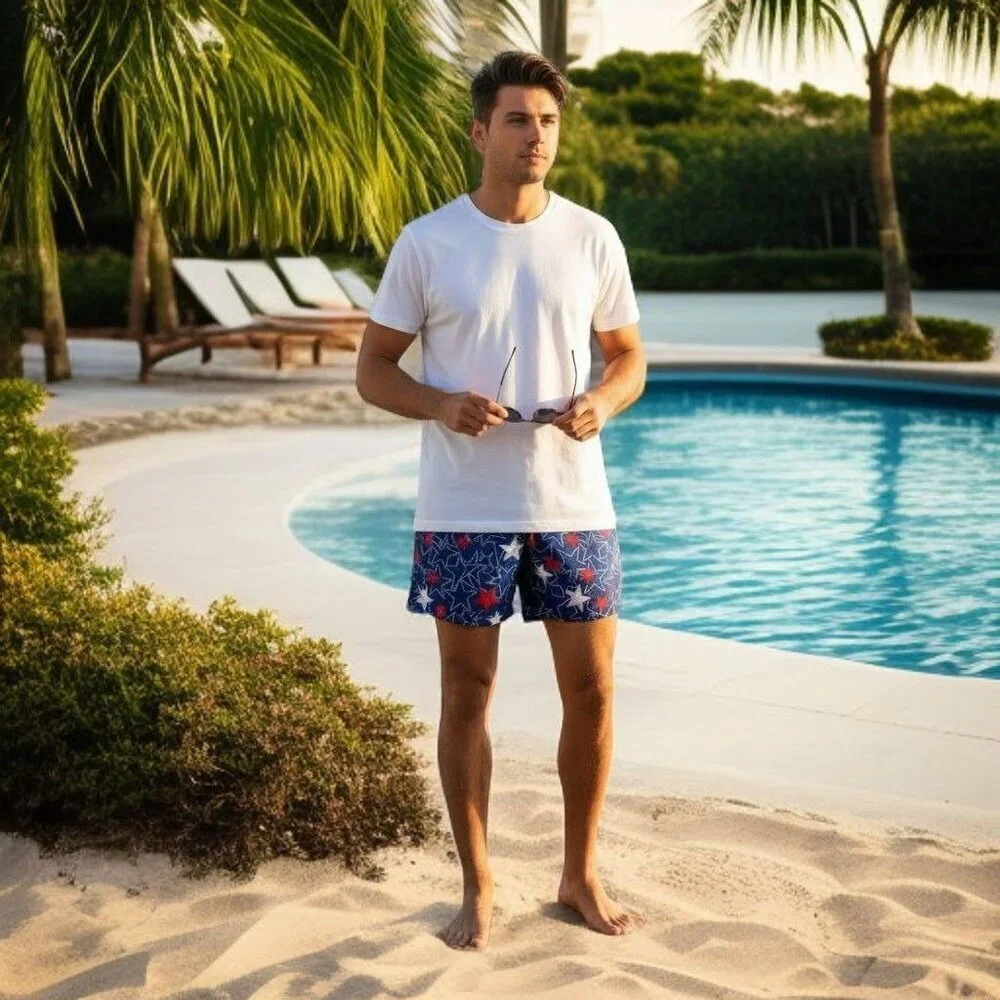 George Mens Swim Shorts Blue Red Star Print Size Large 36-38 Elastic Waist